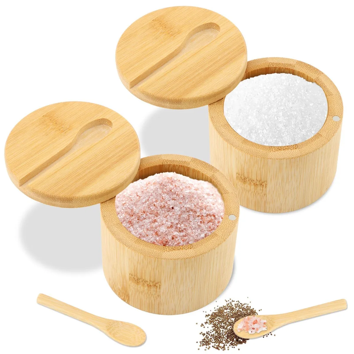 Two round natural bamboo salt cellars with magnetic swivel lids and spoons, 3.54 inches diameter, 2.76 inches tall