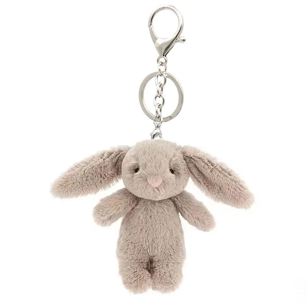 Small silver bunny plush keychain with removable clasp and key ring, 3.5 inches tall