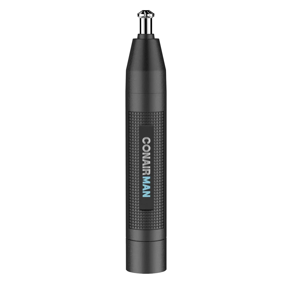 Black cylindrical trimmer with five interchangeable heads, 360° diamond blade, drawstring pouch and AA lithium battery