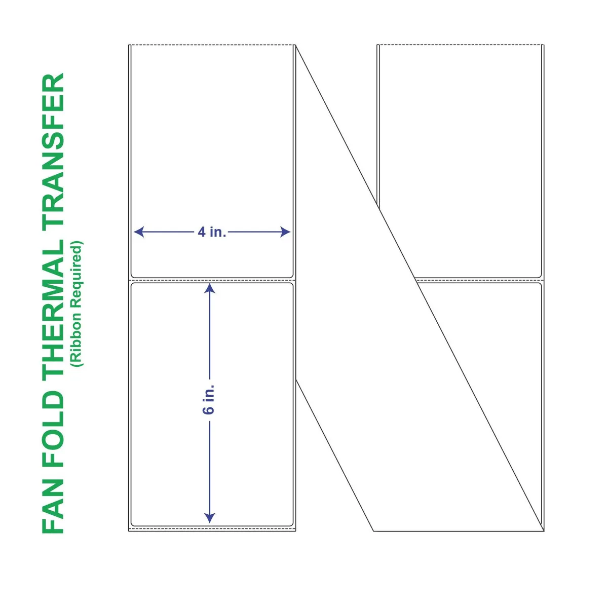 White rectangular fan-folded label stacks in a carton, perforated edges visible