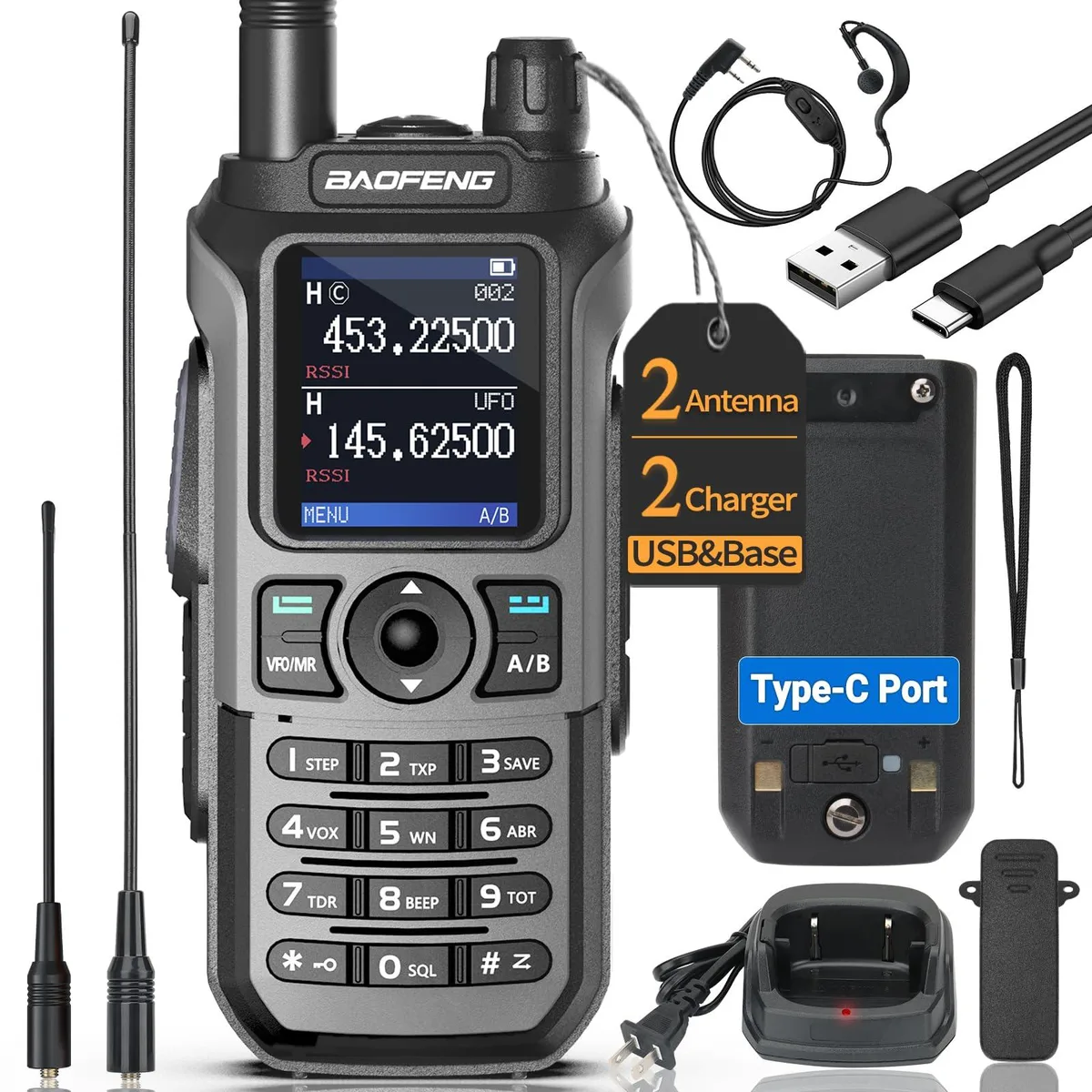 Yellow handheld radio with 1.77 inch screen and 15.35 inch flexible antenna