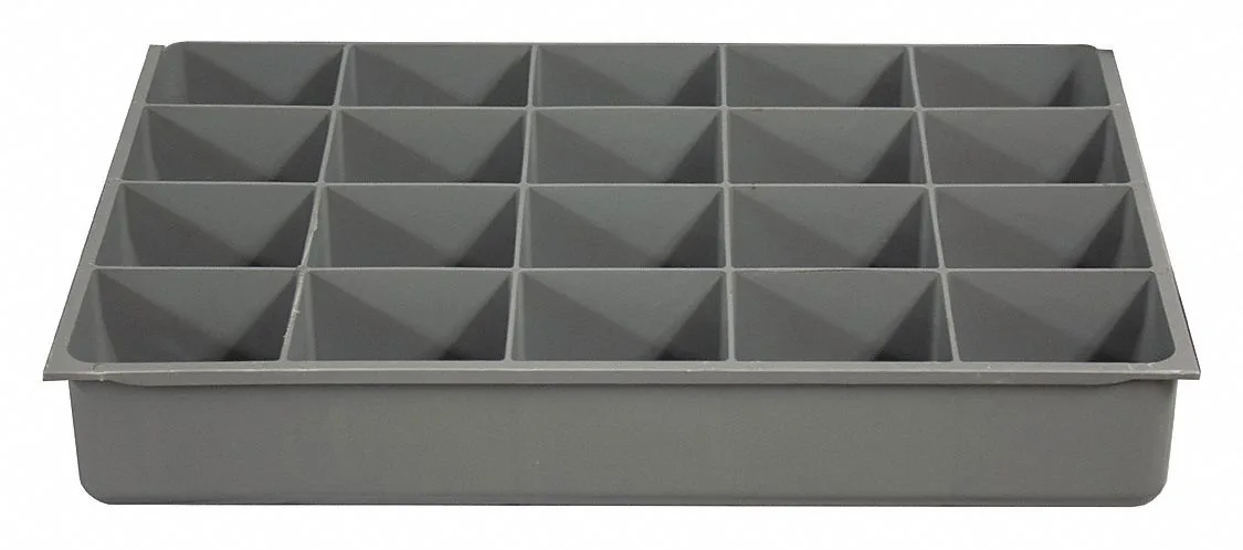 Gray powder-coated polypropylene drawer insert with twenty compartments, overall size eighteen by twelve by three inches