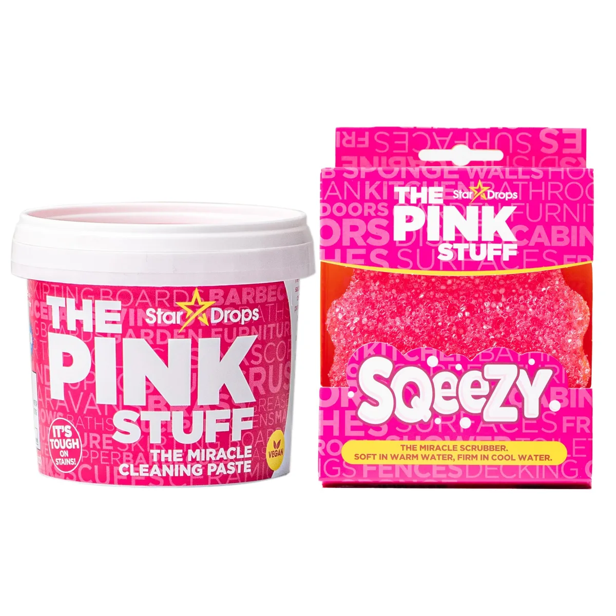 Pink cleaning paste tub with squeezy scrubber bottle
