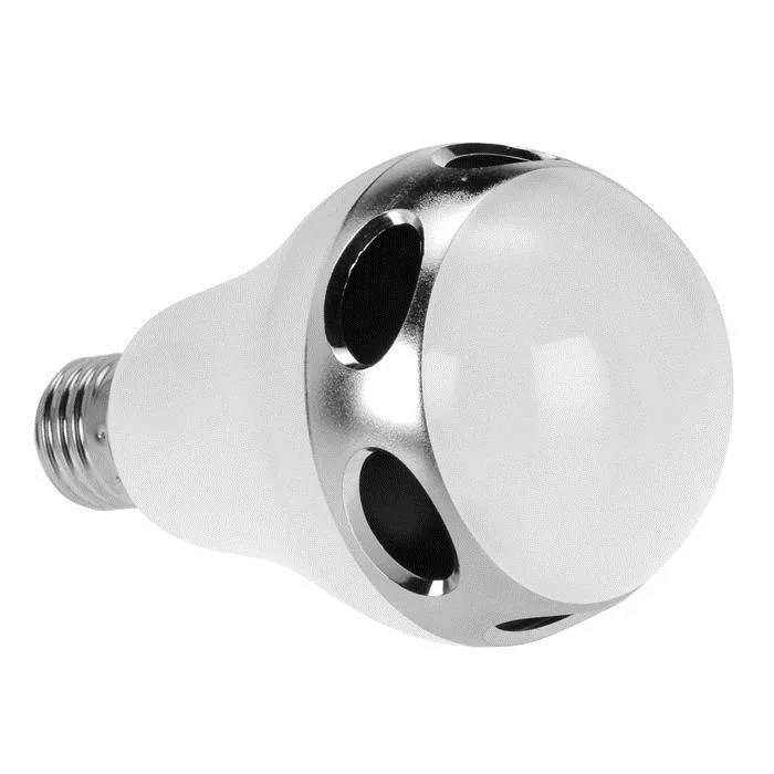 A standard screw-in LED bulb with built-in Bluetooth speaker, white finish