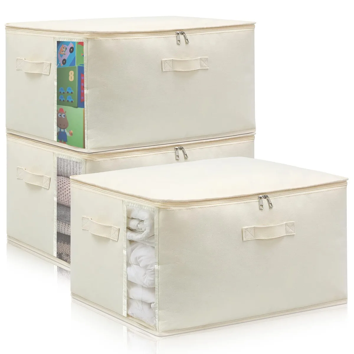 Three beige canvas storage bags with clear side windows, rectangular shape, reinforced handles