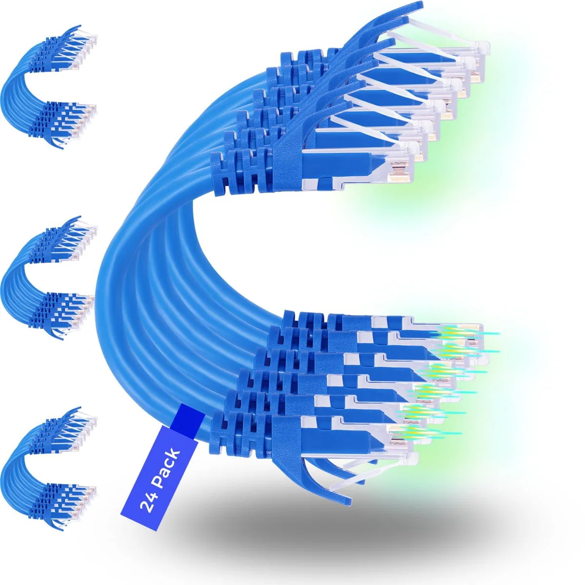 Twenty-four blue Cat6 patch cables, one foot each, gold-plated RJ45 connectors, snagless boots