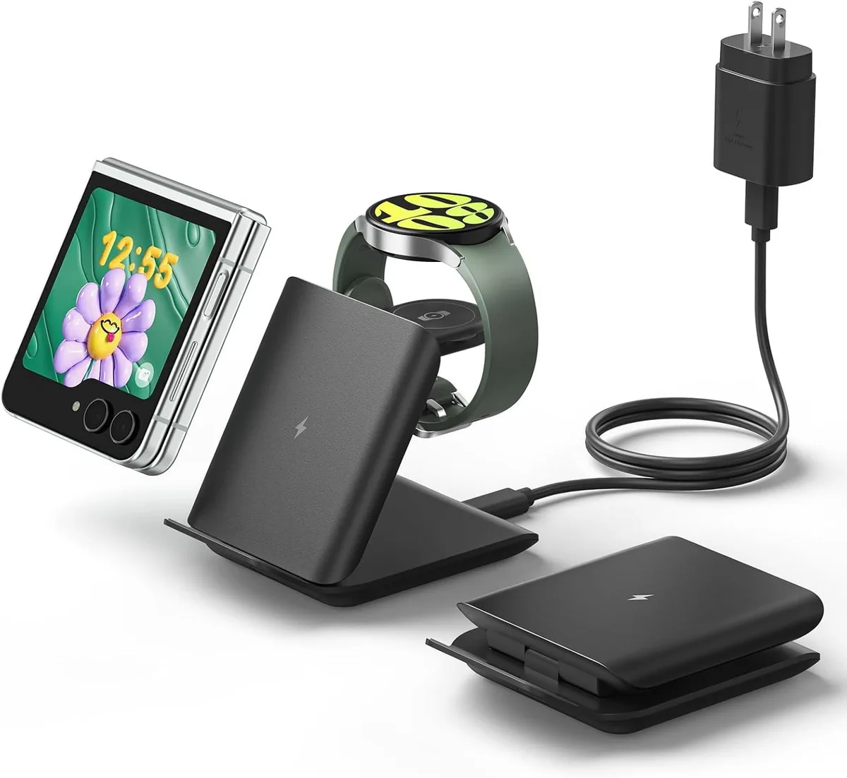 Black foldable wireless charger stand for phone and watch, compact travel design