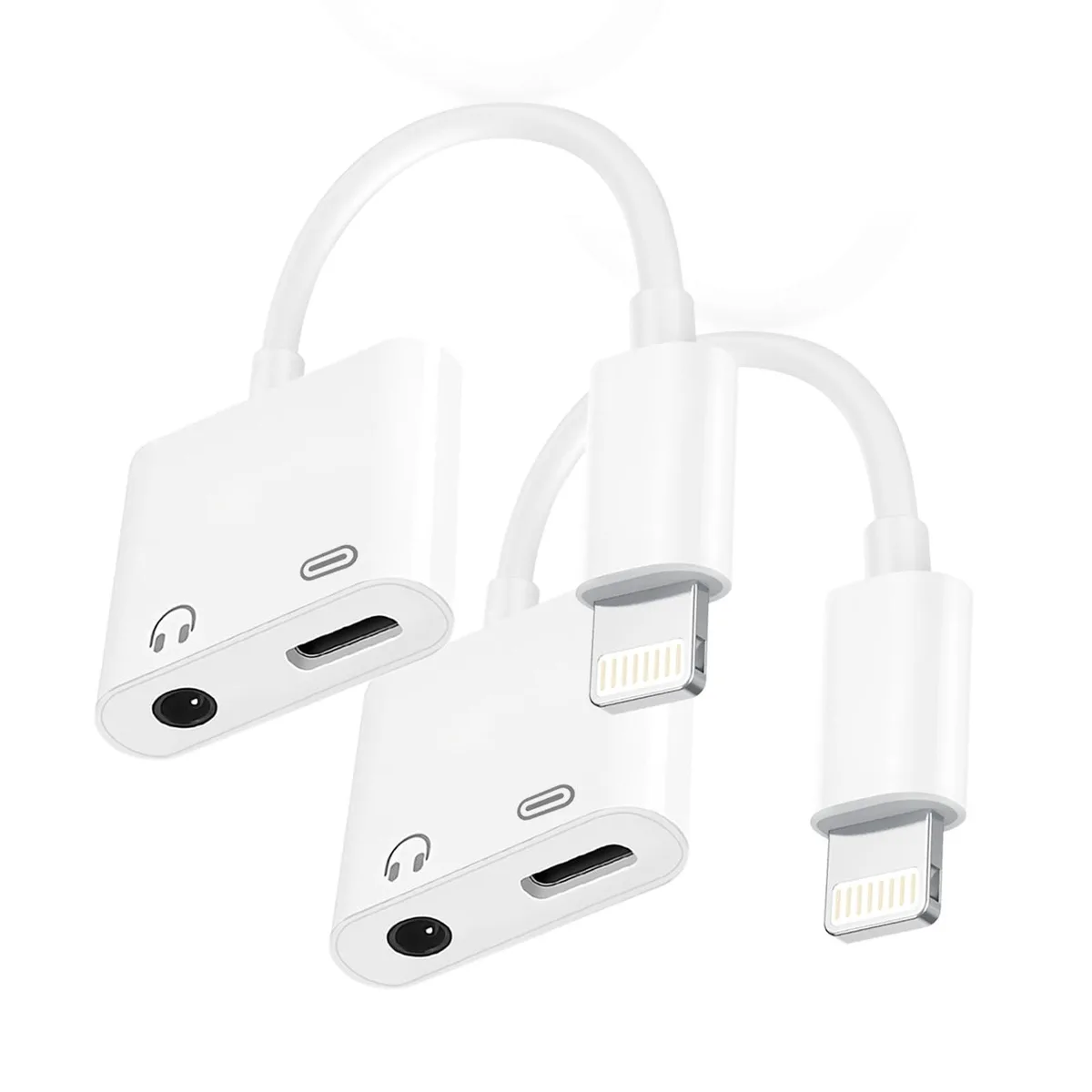 Two white Lightning to 3.5 mm audio adapters with short cables