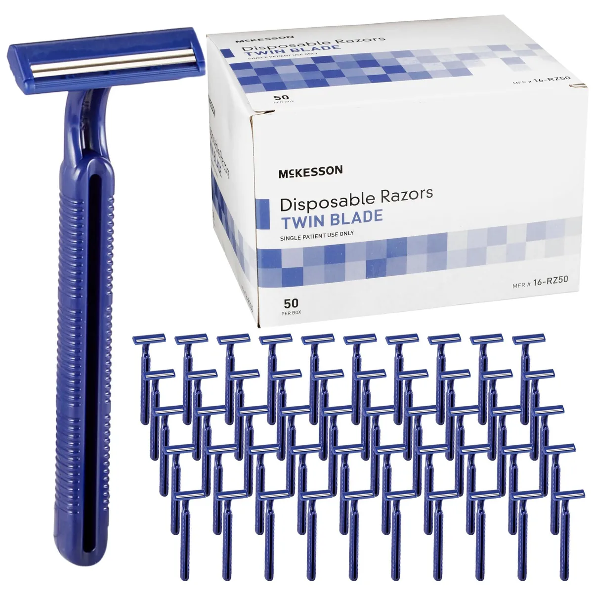 Blue disposable twin-blade razors in 50-count bulk pack with safety caps