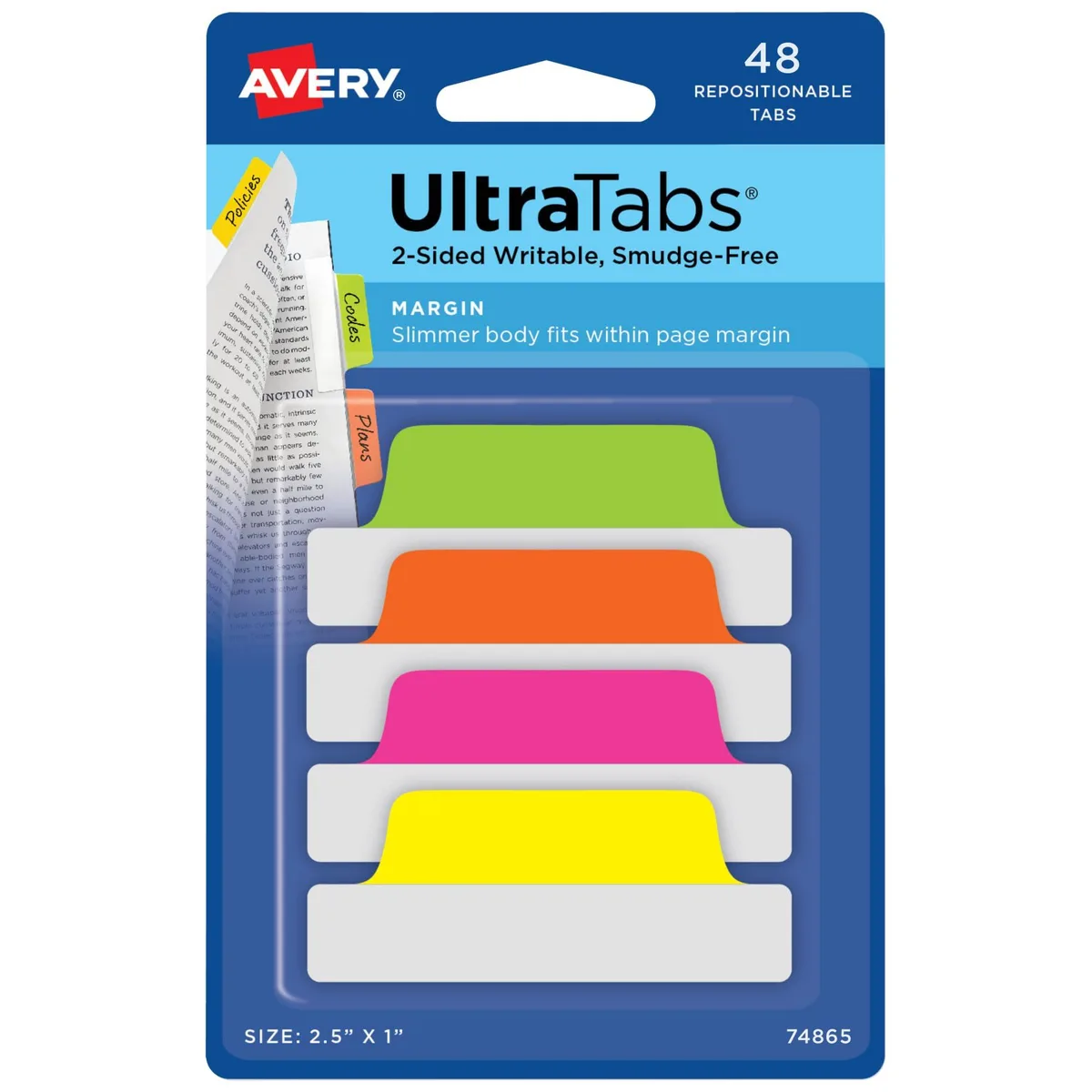 Pack of 48 neon repositionable margin tabs, 2.5 by 1 inches, assorted colours
