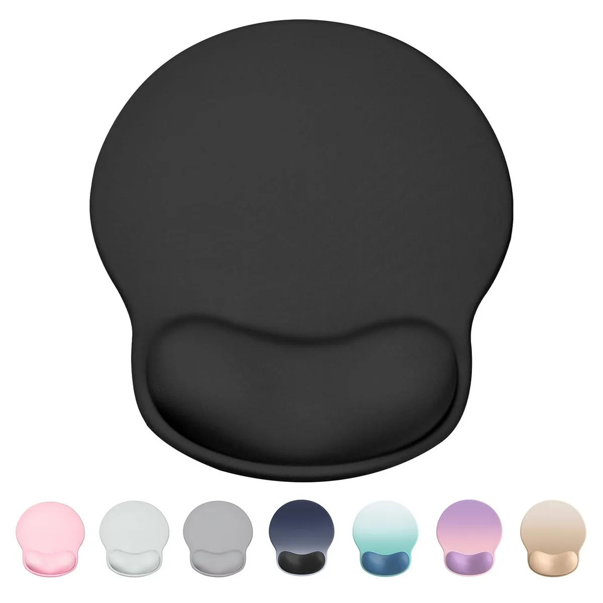 Black ergonomic mouse pad with integrated gel wrist rest, smooth Lycra surface, non-slip rubber base