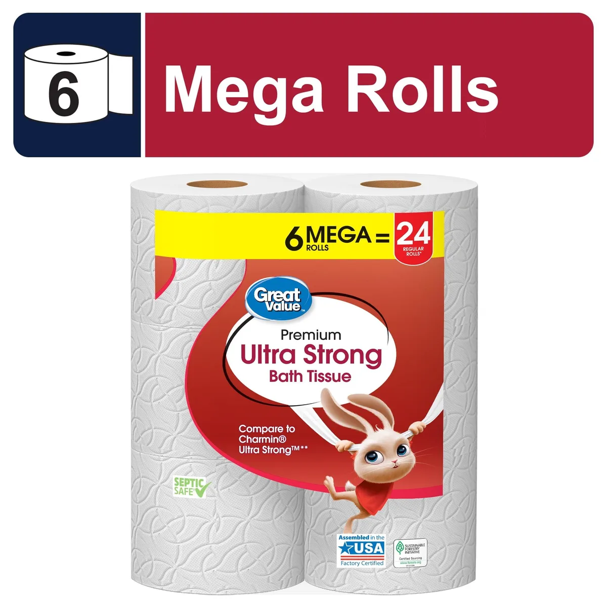 None Continuous None Continuous Great Value Ultra Strong 2-Ply Toilet Paper 6 Mega Rolls 306 sheets — product photo