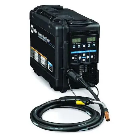 Industrial wire feeder unit, dark metal casing, top-mounted spool holder, front control panel
