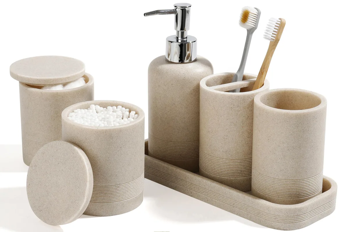 Beige 6-piece resin bathroom set with stone texture and chrome accents