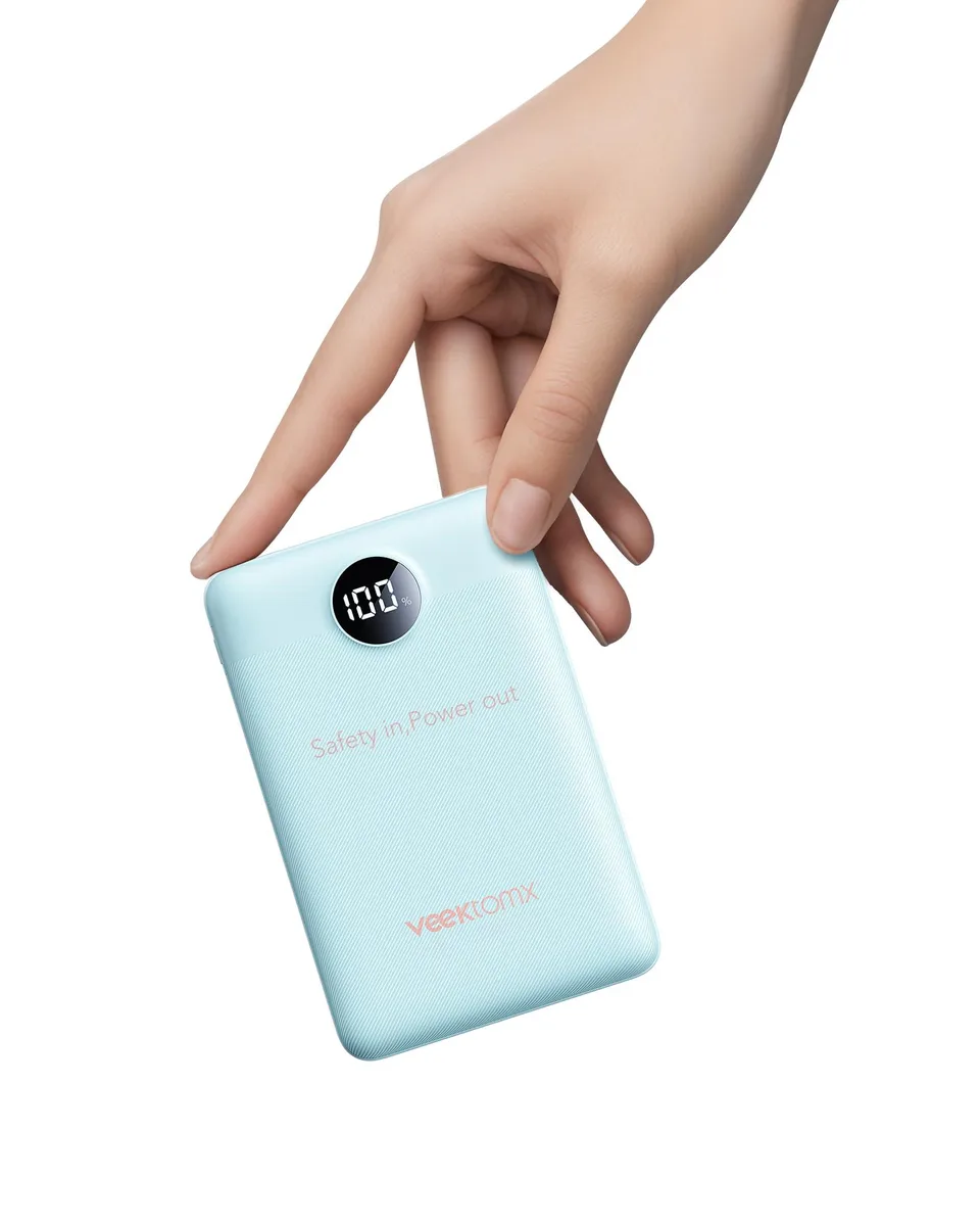 Blue rectangular power bank with rounded edges and slim profile