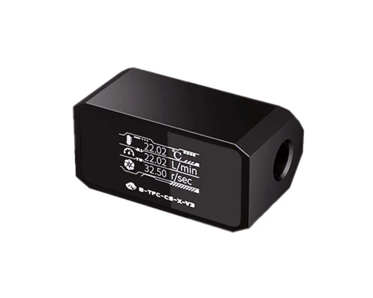 Black rectangular inline flow meter with OLED screen and G1/4 ports