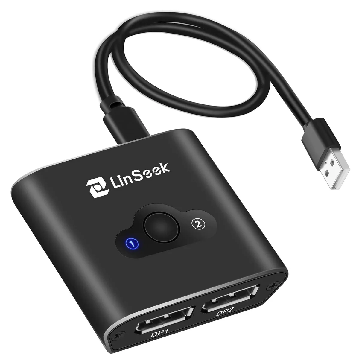 Small black rectangular box with three DisplayPort sockets and a push button on top