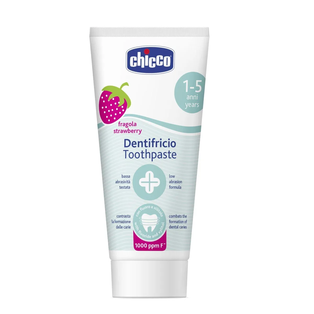 White 50 ml strawberry toothpaste tube with flip cap