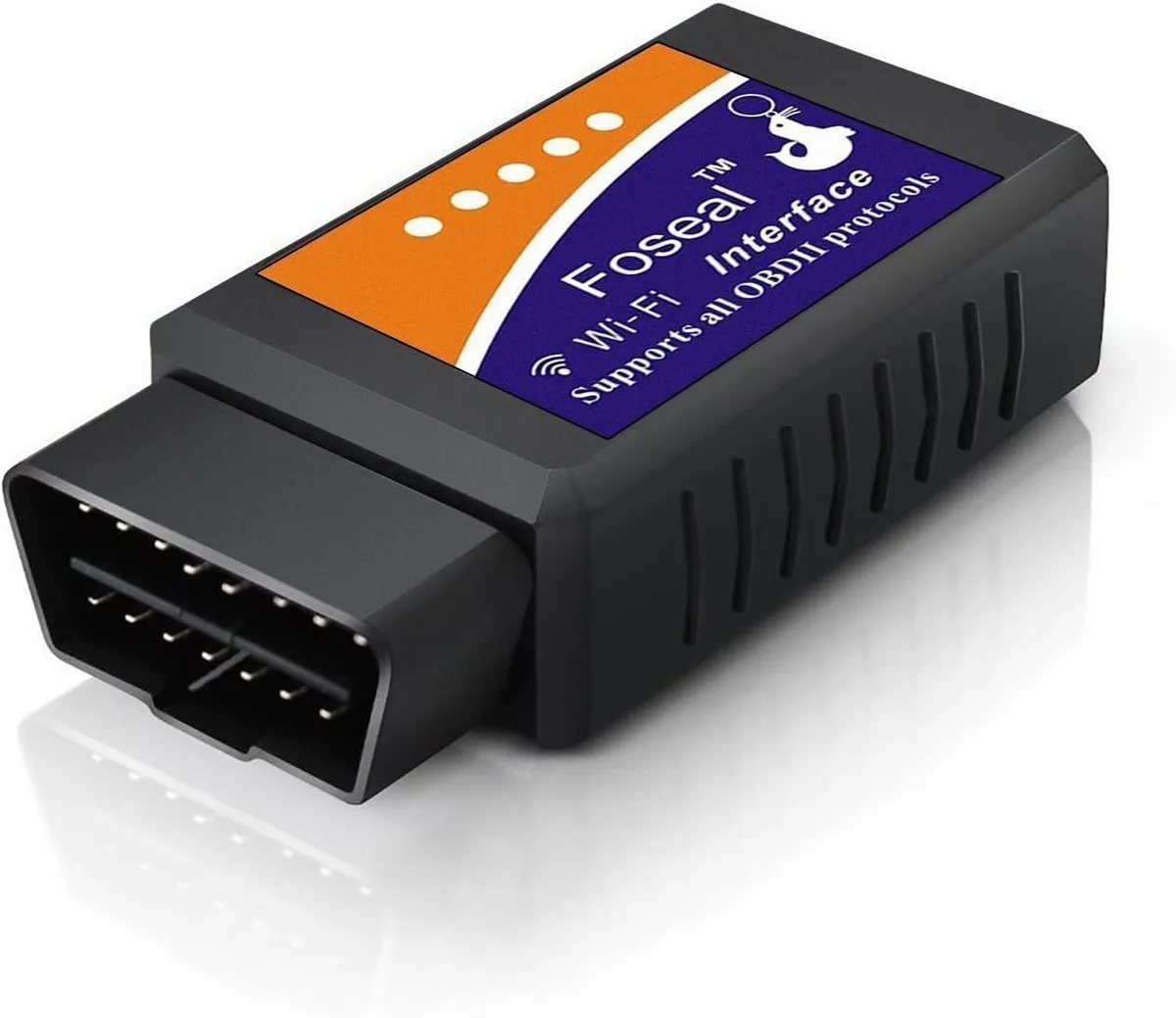 Small white OBD2 dongle with 16-pin connector and Wi-Fi label