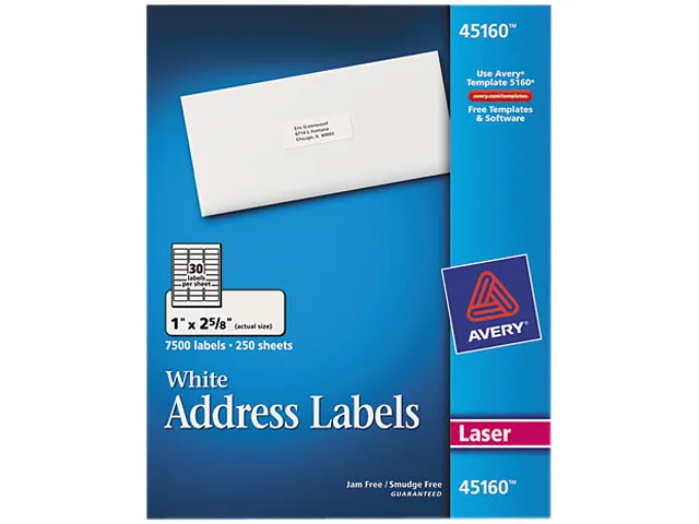 White rectangular address labels in a bulk box