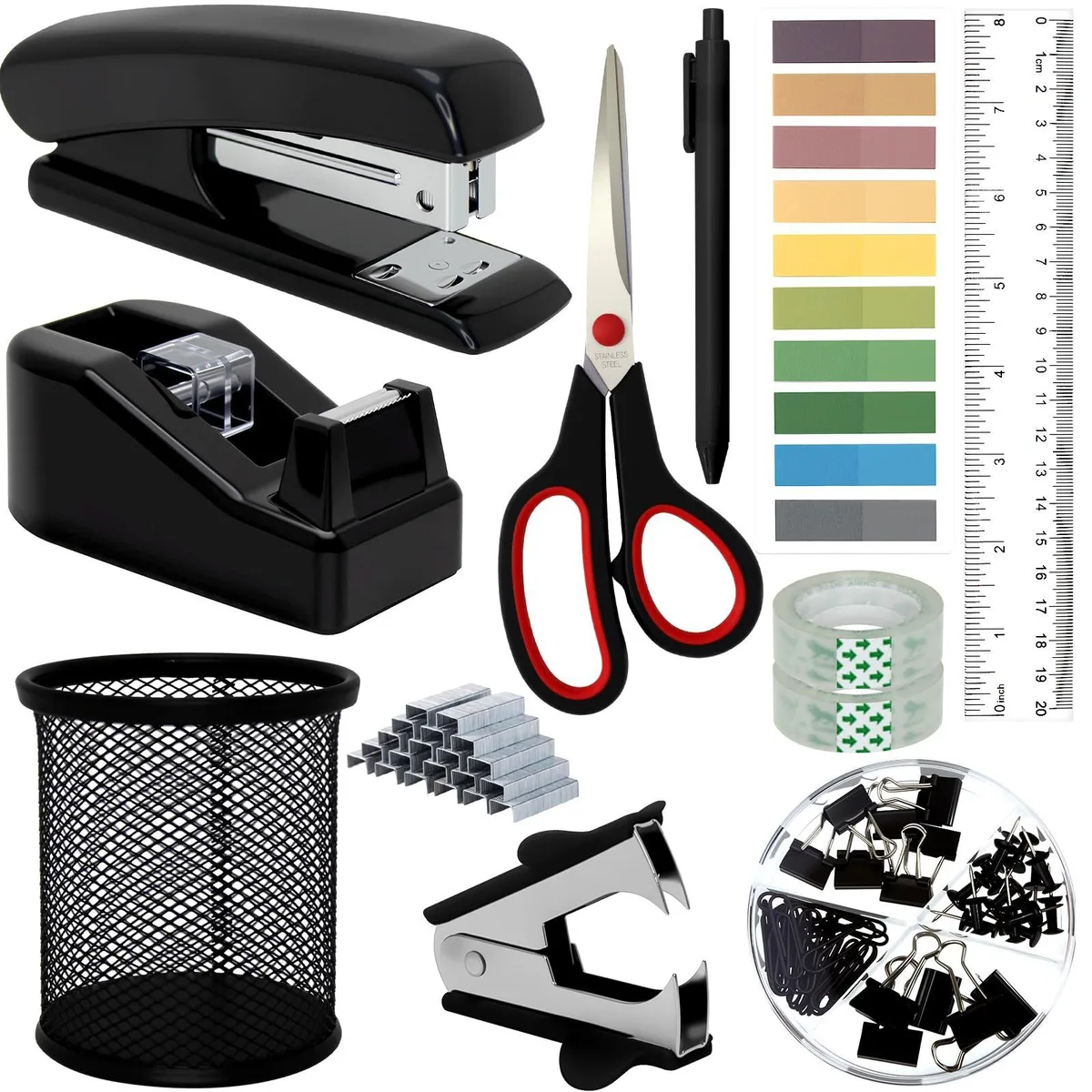 Black 12-piece desk organiser set with stapler tape dispenser scissors ruler pen holder clips pins staples and tabs