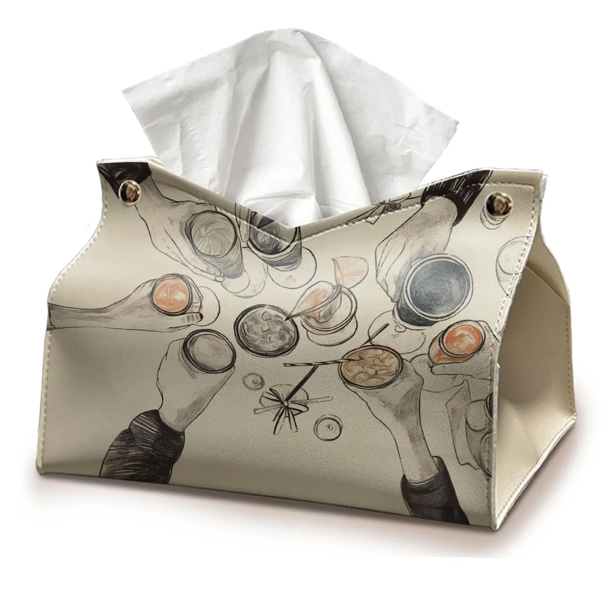 Rectangular tissue box cover in PU leather, 9.8 by 5.9 by 5.9 inches, snap-fastener top opening