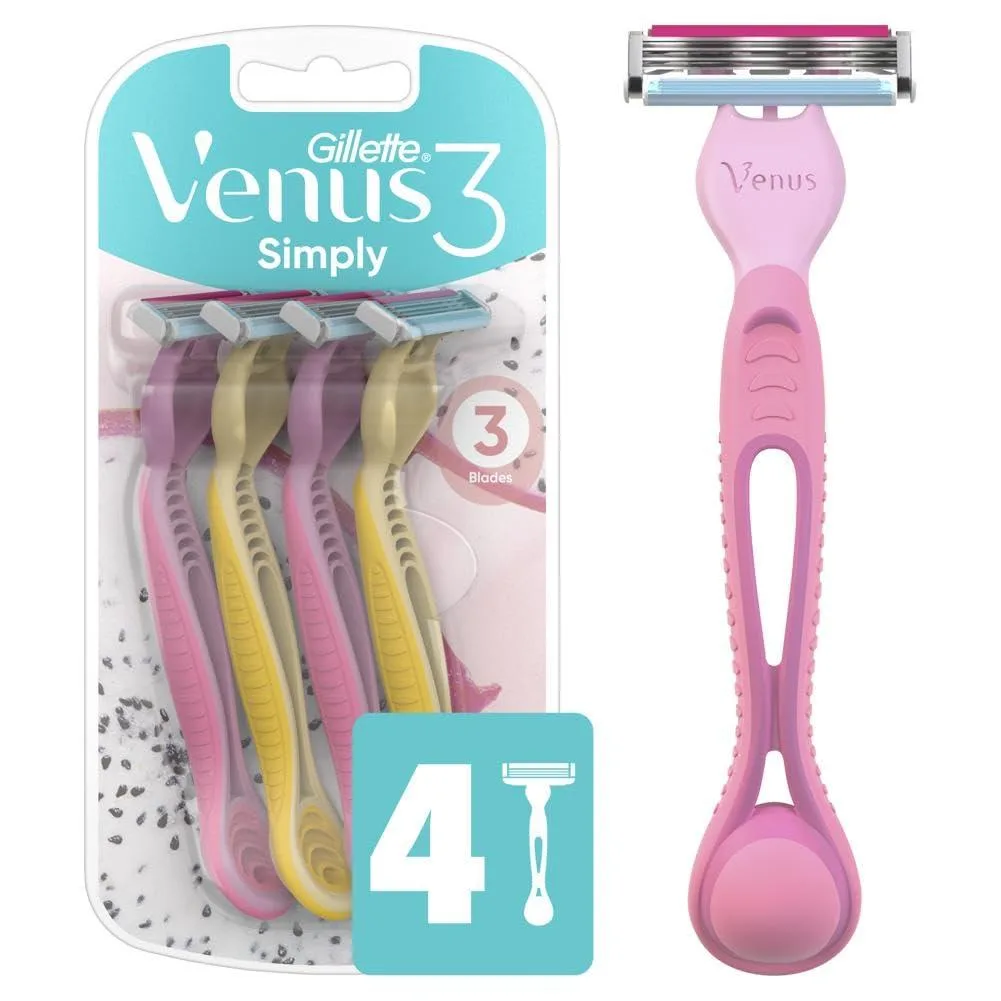 Four disposable razors with multicoloured scented handles and three blades each