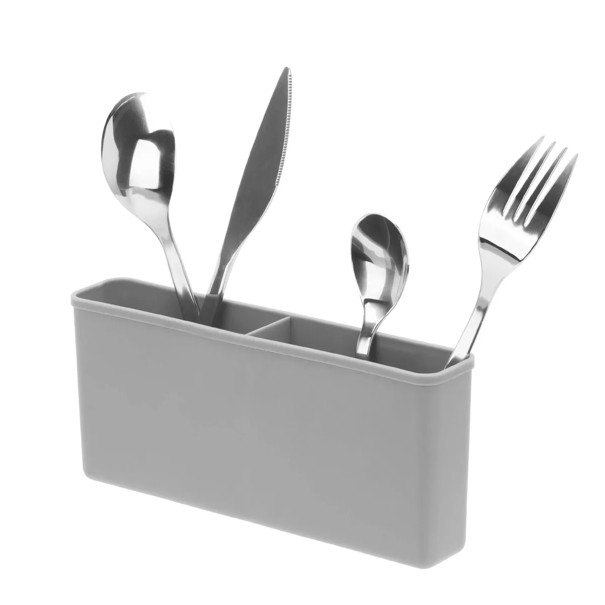Grey cutlery drying basket with two compartments and hooks, 7.8 by 3.3 by 1.5 inches