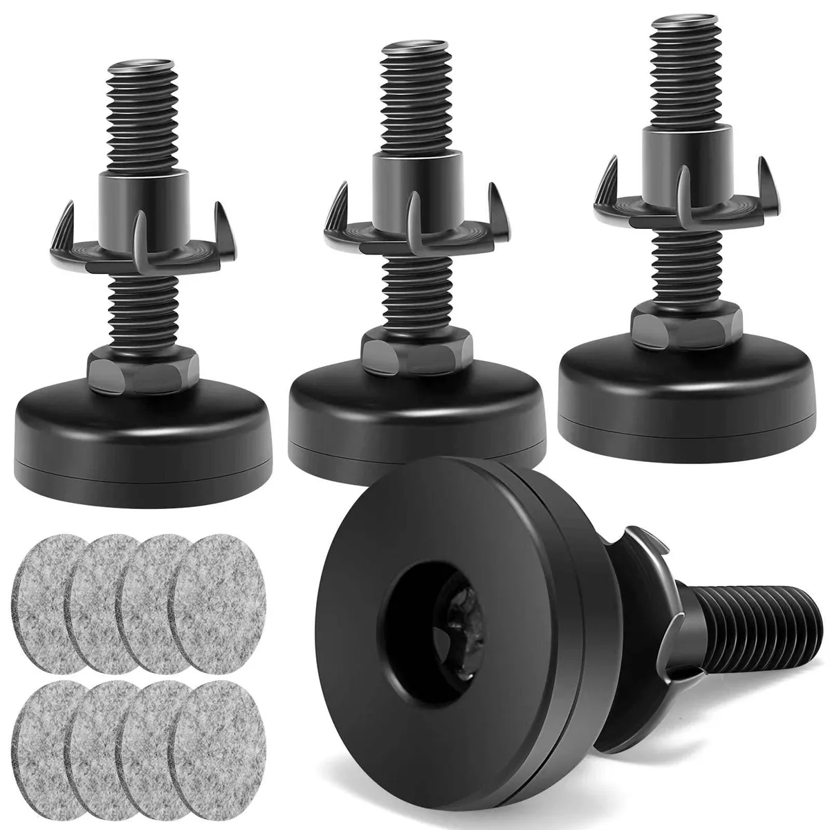 Four silver steel leveling feet with round nylon bases and 3/8 UNC threaded stems