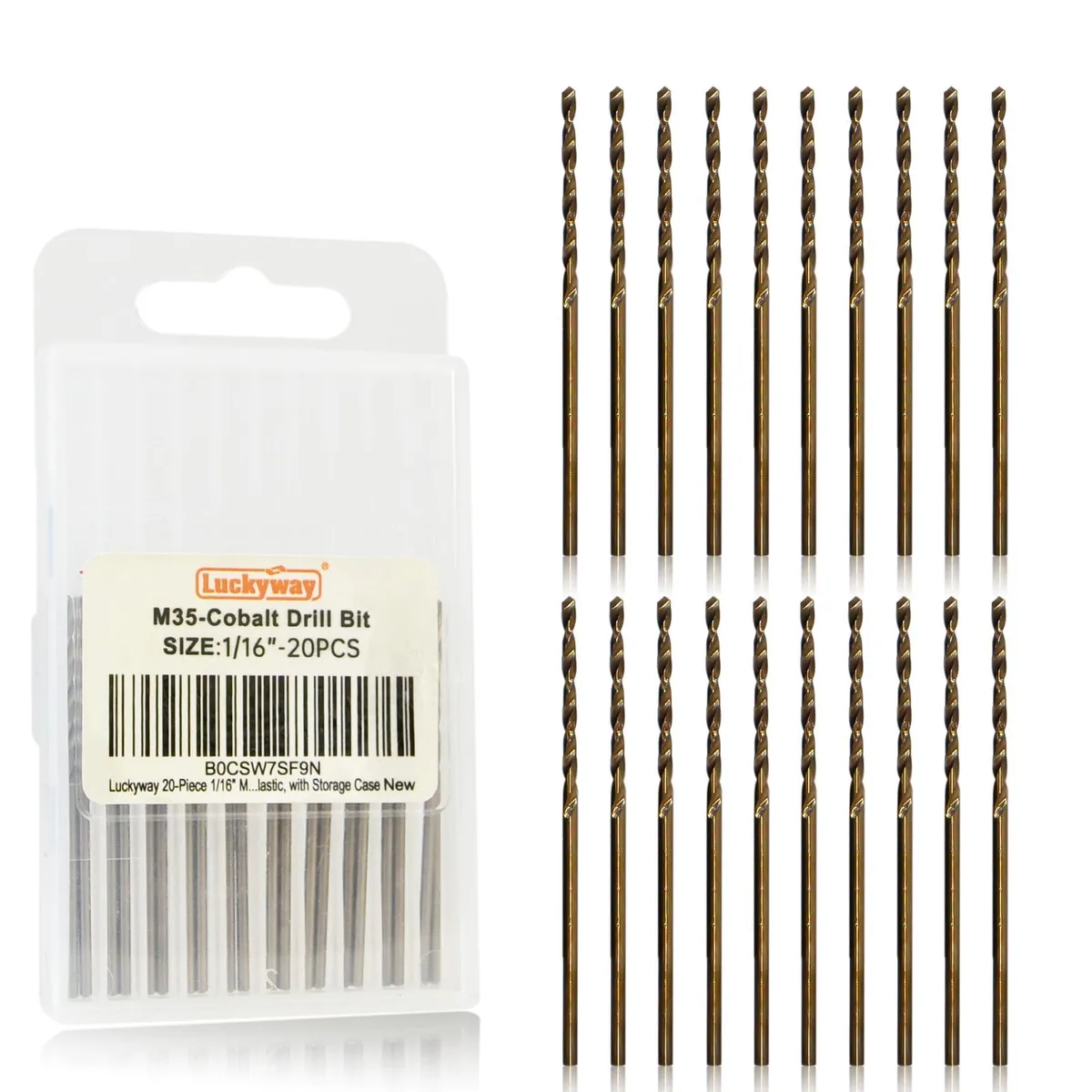 Twenty 1/16 inch cobalt twist drill bits in a plastic storage case