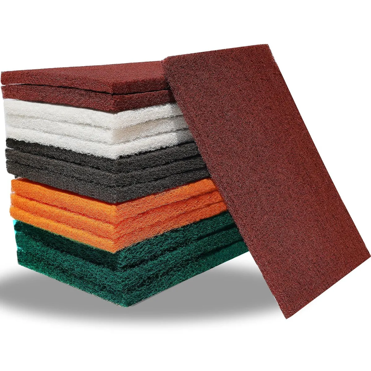 Fifteen rectangular scouring pads in assorted grits, light and dark fibres, 0.44 kg total