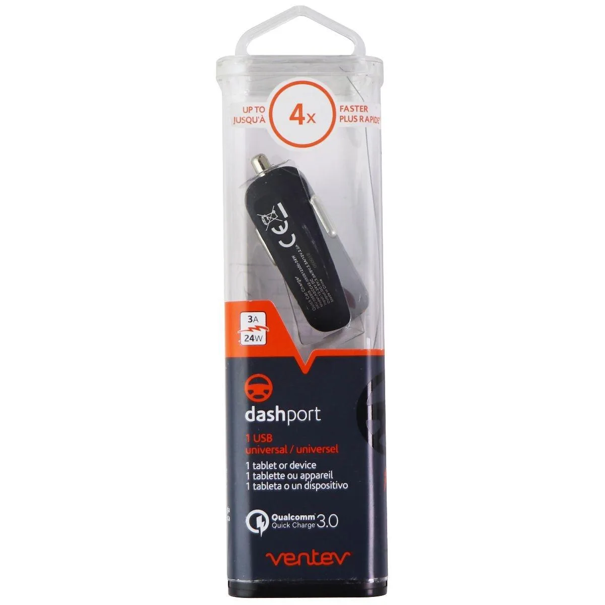 Ventev Ventev 24W 3.0A QC 3.0 Single USB Car Adapter Cover Gray — product photo
