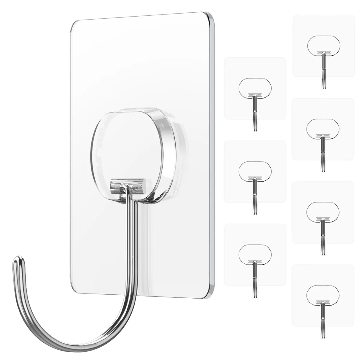 Eight clear adhesive hooks with stainless steel arms, 2.48 inch square transparent bases, 90 degree rotating design