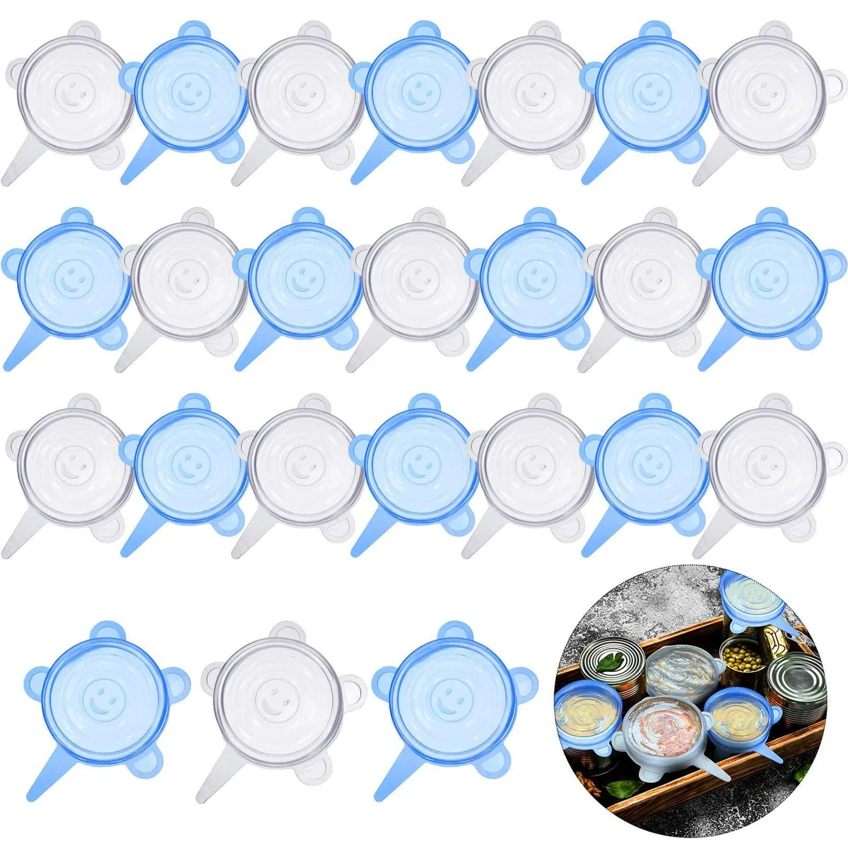 24 round silicone stretch lids, 12 blue and 12 white, 6.5 cm diameter