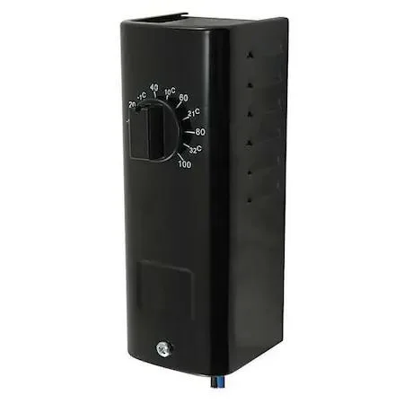 White rectangular thermostat with temperature dial and mounting tabs