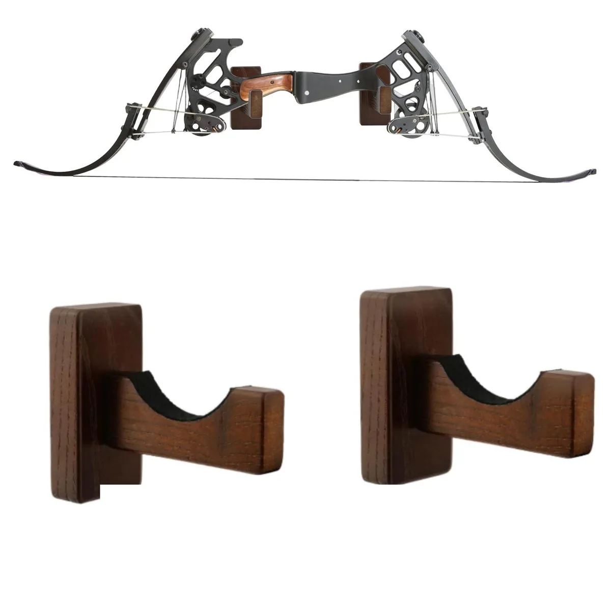 Two dark brown polished wooden bow hangers with felt-lined grooves, wall-mount hardware included