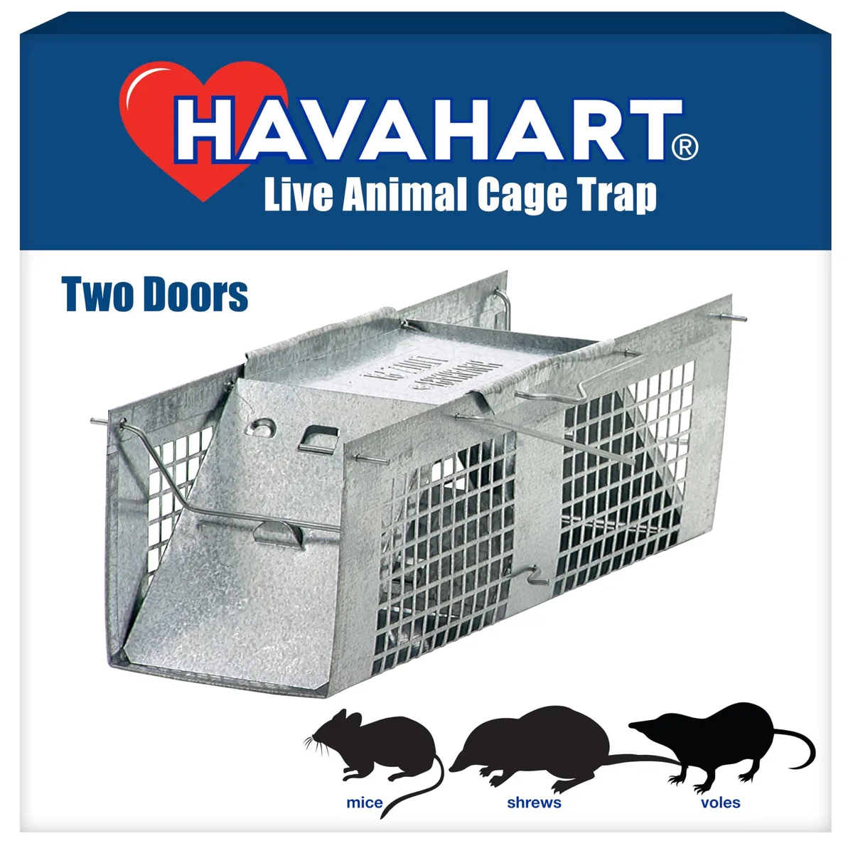 Small galvanized steel box trap with two spring-loaded doors and a handle guard, 10.7 by 4.8 by 3.4 inches