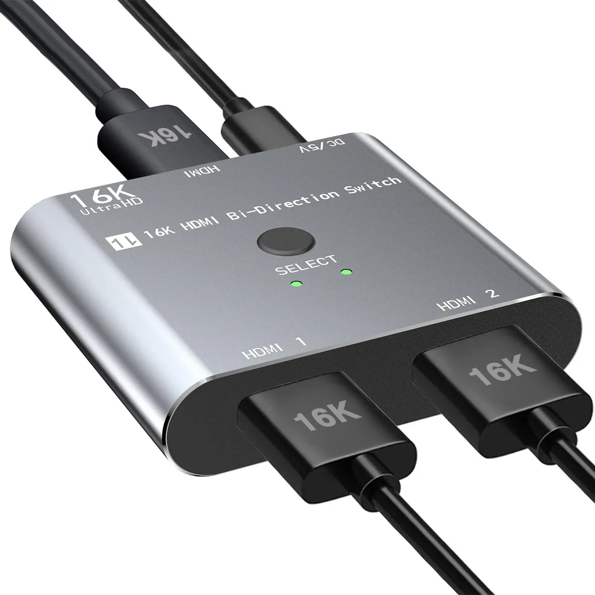 Compact space-grey HDMI switch splitter with three ports and a USB-C power cable