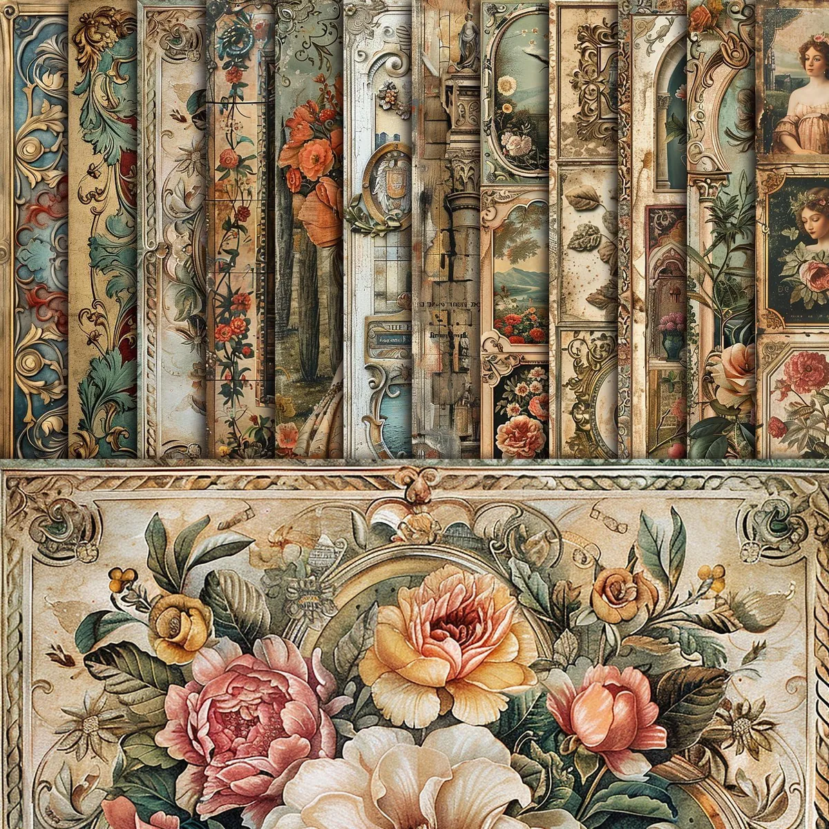 Stack of 48 vintage baroque scrapbook sheets 11x11in 12 designs
