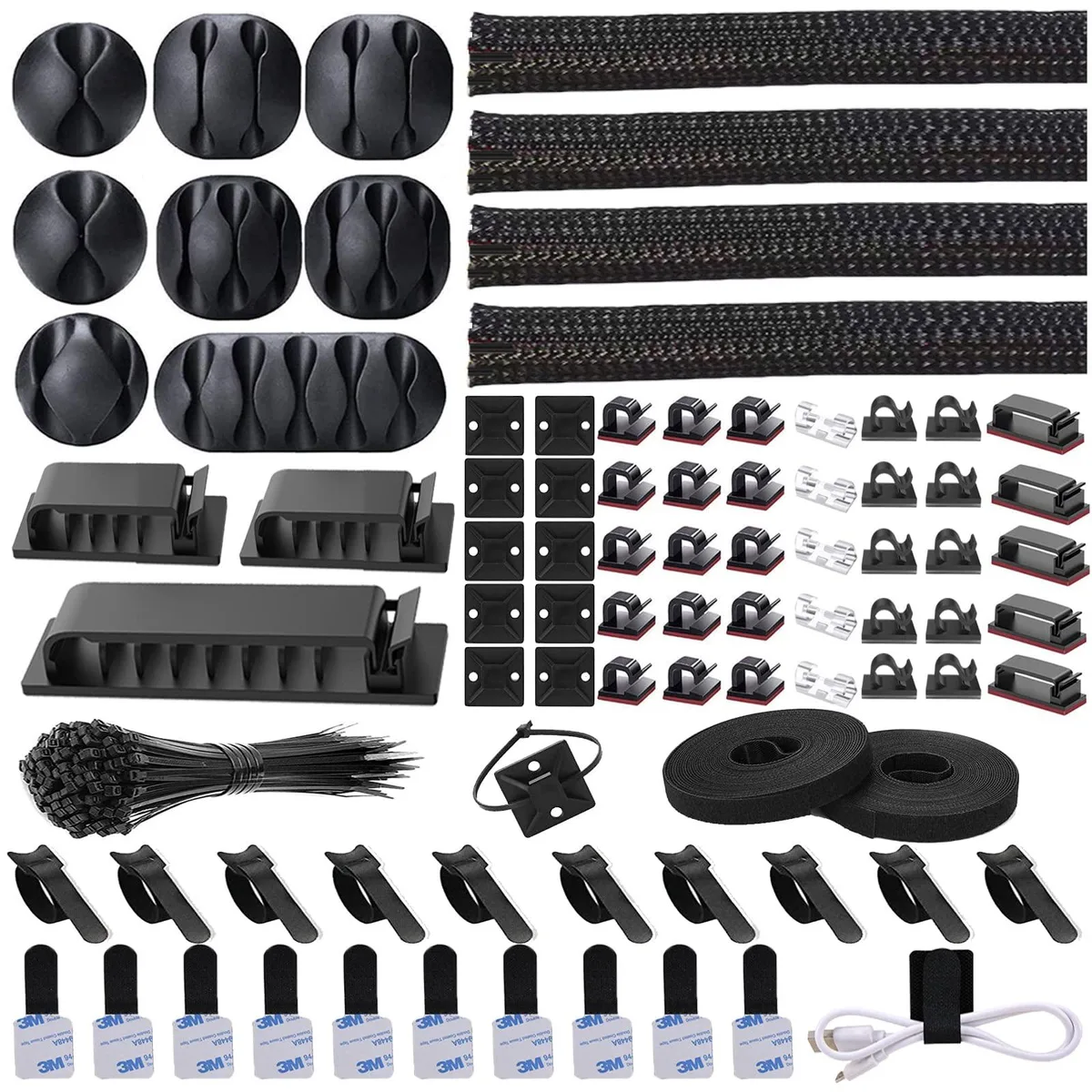 Black and clear cable management kit with 192 pieces including sleeves clips ties and adhesive mounts