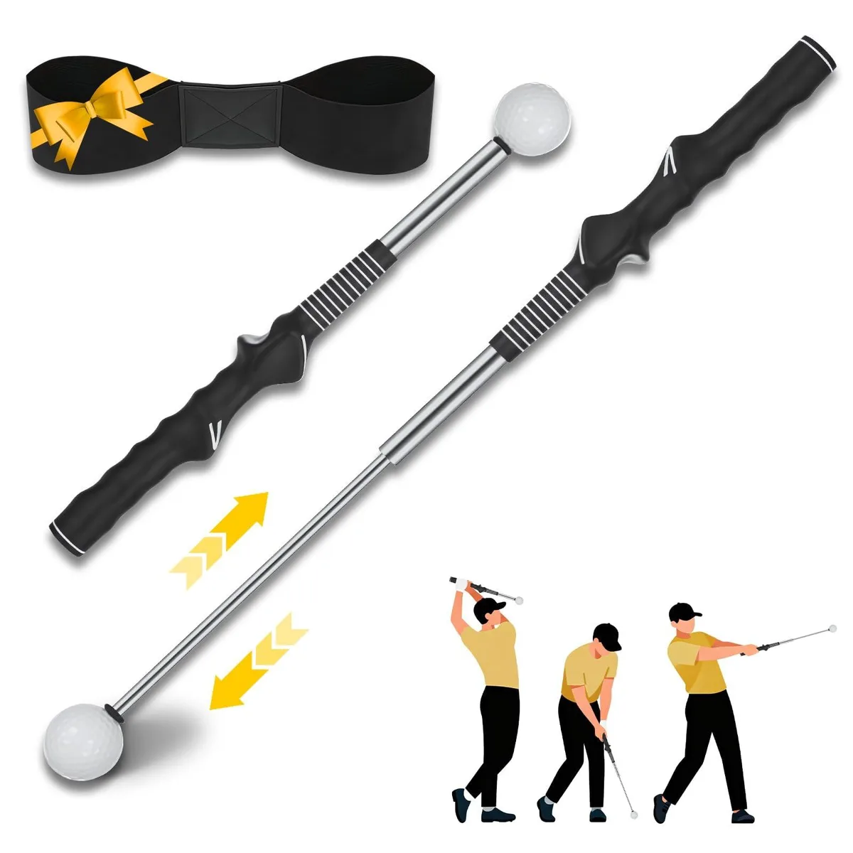 Retractable black golf swing trainer with right-handed rubber grip and stainless steel shaft