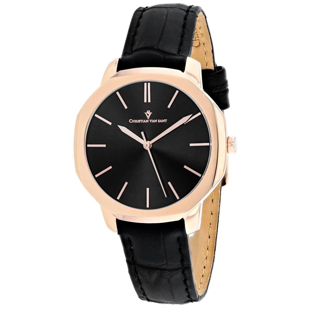 Christian Van Sant Octave Slim watch, black dial, stainless steel case, leather strap