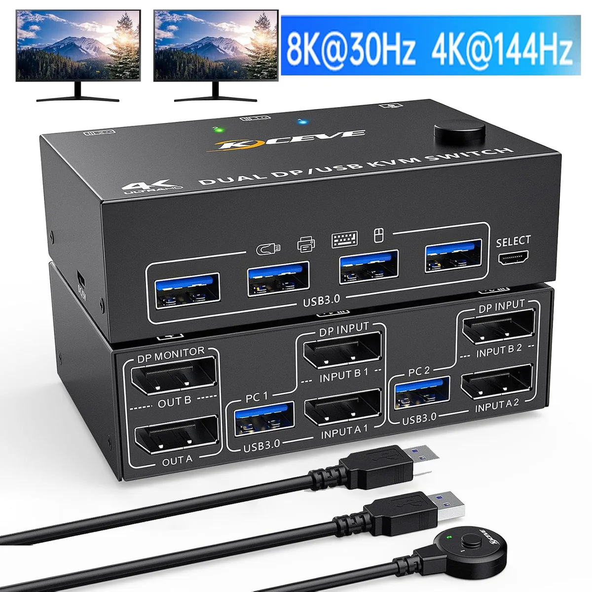 Hitoor Hitoor 202DP KVM Switch 2×2 DP 8K@30Hz 4K@144Hz 4 USB 3.0 — product photo