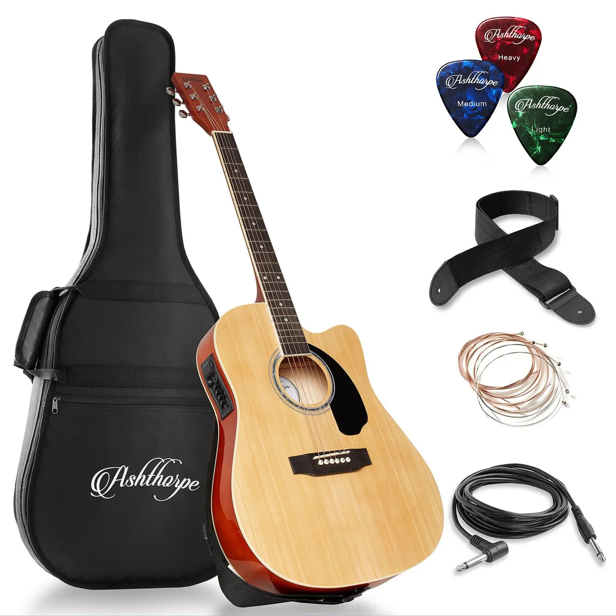 Ashthorpe Ashthorpe 41-Inch Full-Size Cutaway Thinline Acoustic-Electric Guitar Natural — product photo