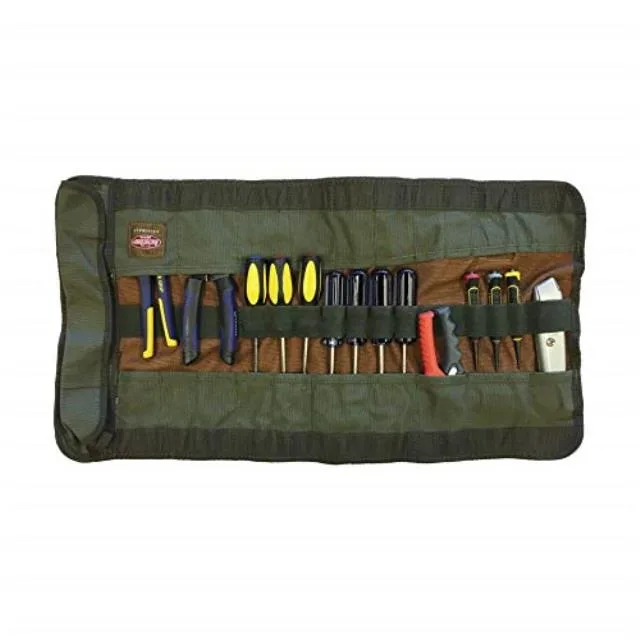 Brown and green canvas tool holster with 25 pockets, 14 inches tall