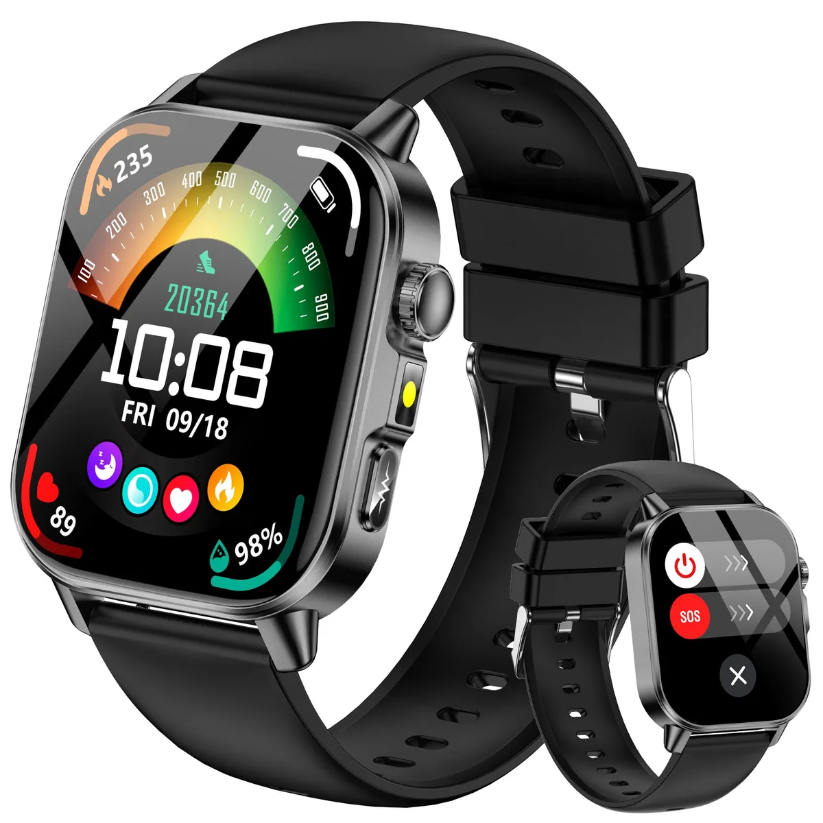  hellibito Smart Watch Black 2.0" 320×385 450mAh 37d IP68 LED Flashlight Bluetooth 5.3 — product photo