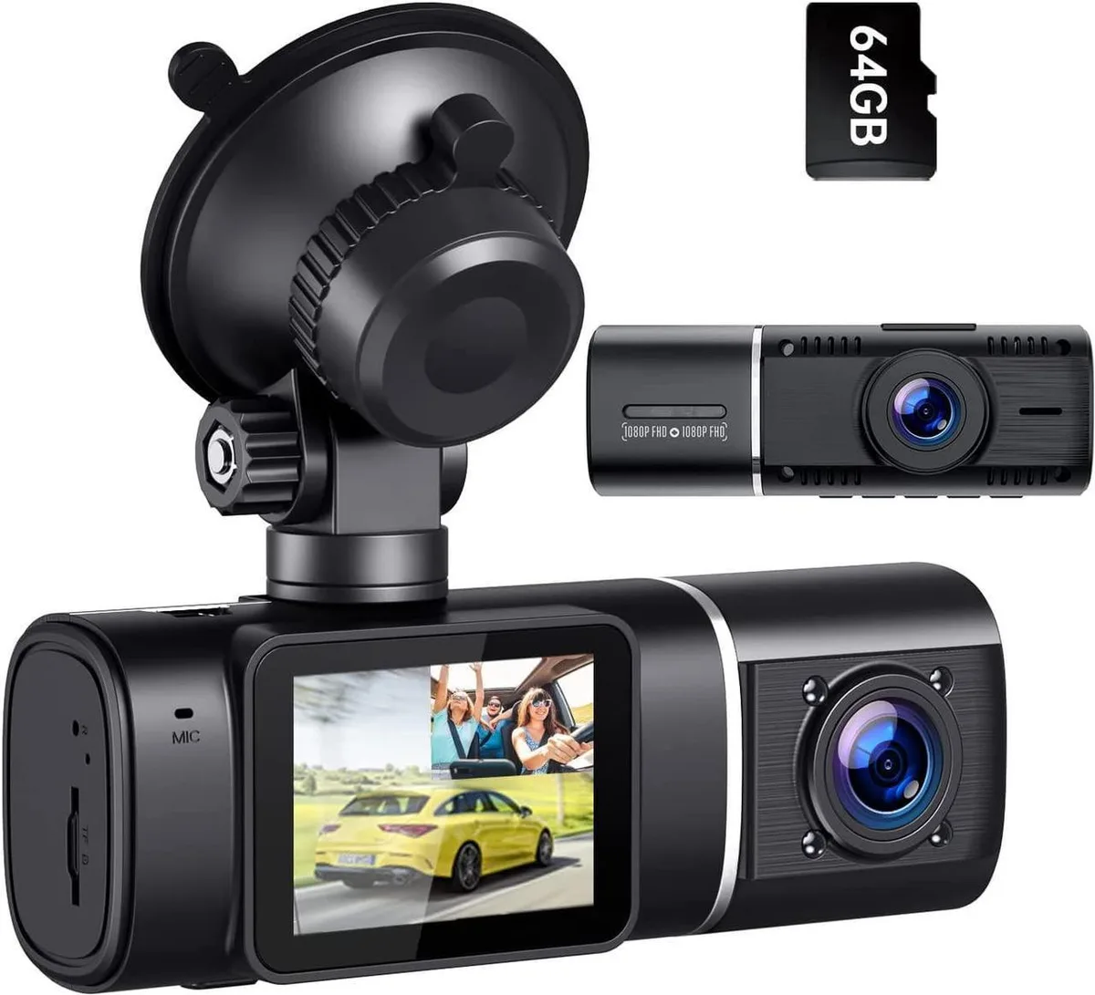 Dual dash cam with 1.5 inch screen and 64GB card