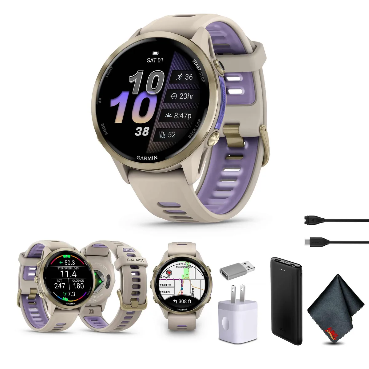 Garmin Garmin Forerunner 970 Smart Watch 1.3" Soft Gold Titanium French Gray Band Bundle — product photo