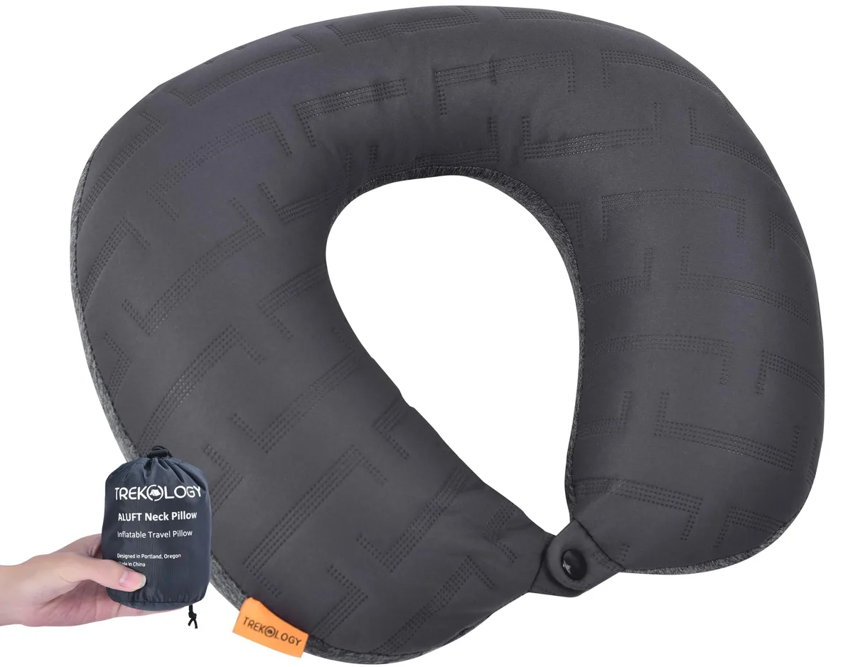 Small black inflatable neck pillow with removable cover, pack of ten