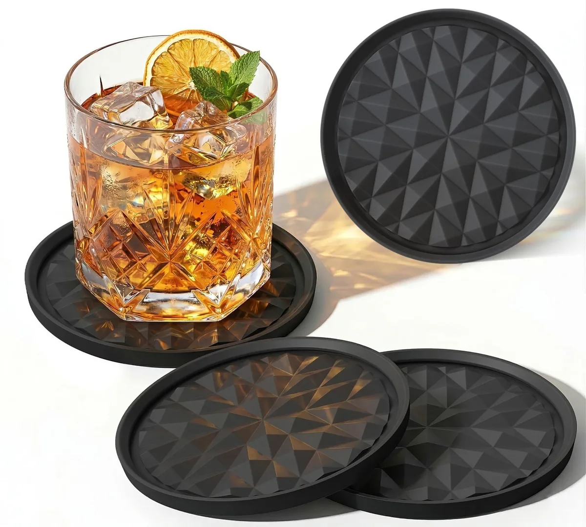 Four round red silicone coasters with diamond pattern, 3.9 inches each